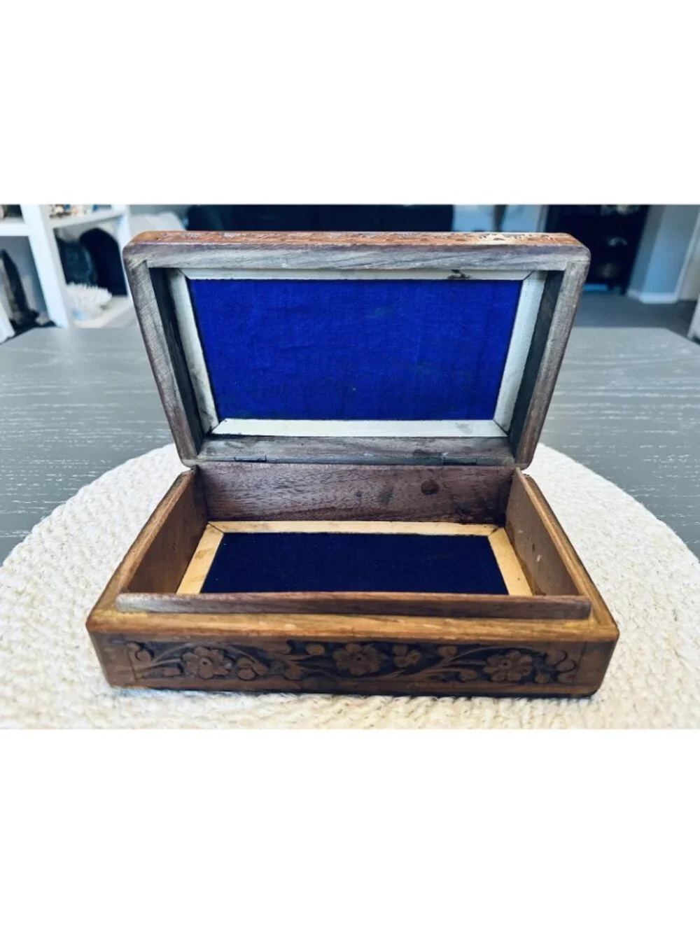 Vintage Carved Wooden Trinket Box Made in India Hinged Lined with Brass Inlay 8”